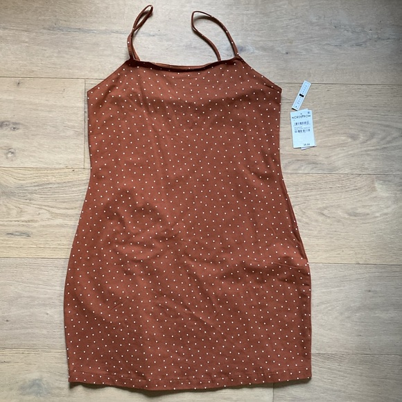 Nordstrom BP Brown Coconut Printed Polka Dot Square Neck Mini Dress - Picture 2 of 3